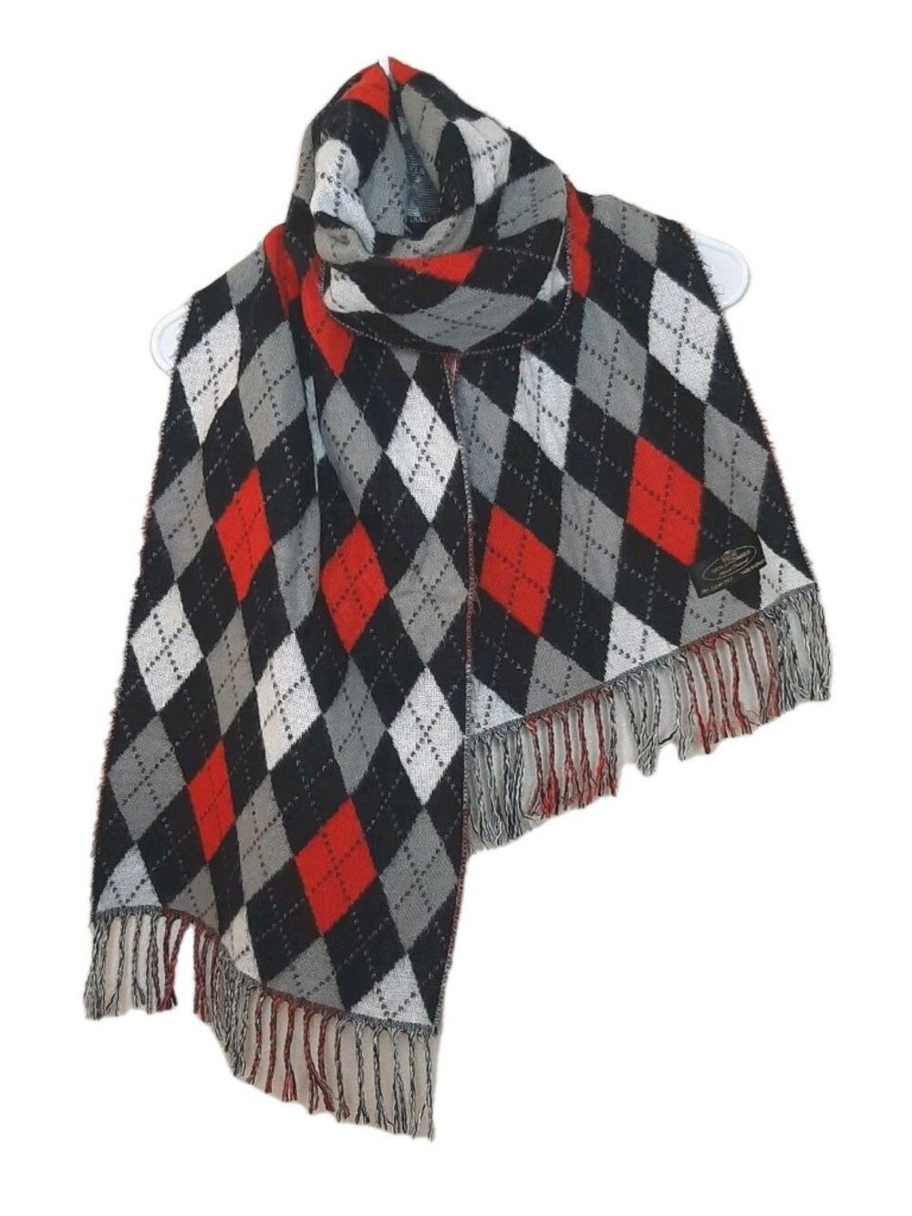 100% Cashmere Scarf Red Black Argyle Print Made In Germany Fringed Soft